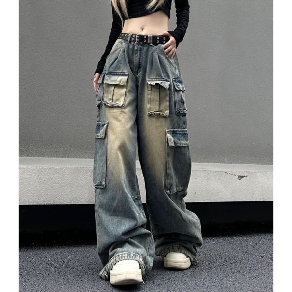 (as the picture, S) Multi-pocket Streetwear Cargo Pants Women Autumn Winter Wide-leg Washable Oversized Jeans Women Y2k Baggy Denim Pant