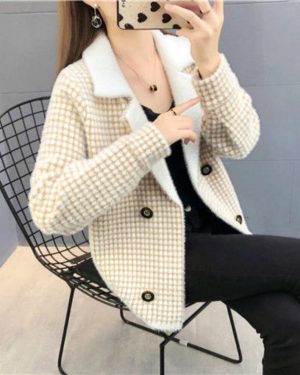 (as the picture, XL) Cashmere Knitted Cardigan Coat Small Double Breasted Plaid Short Coat New Height and Thickness