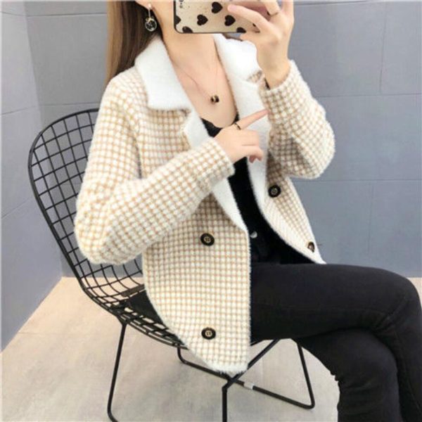 (as the picture, XL) Cashmere Knitted Cardigan Coat Small Double Breasted Plaid Short Coat New Height and Thickness