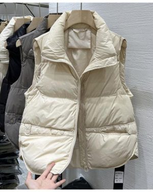 (beige, L) Short Down Cotton Vest Women Spring Autumn Winter Loose Fitting Outer Jacket Female Warm Vest Camisole Jacket Cardigan Plus Size