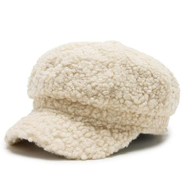 (beige) Lamb Wool Women Berets Hat Winter Vintage Cap Women'S Casual Pumpkin Hat Flat Beret Hats Peaky Blinders Peaked Cap