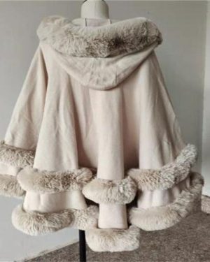 (beige, One Size) 6 Colors Women Faux Fox Fur Cape Big Pendulum Cardigan Winter Shawl Warm Thick Coat Two Circle Fur Loose Poncho Cloak With Hat