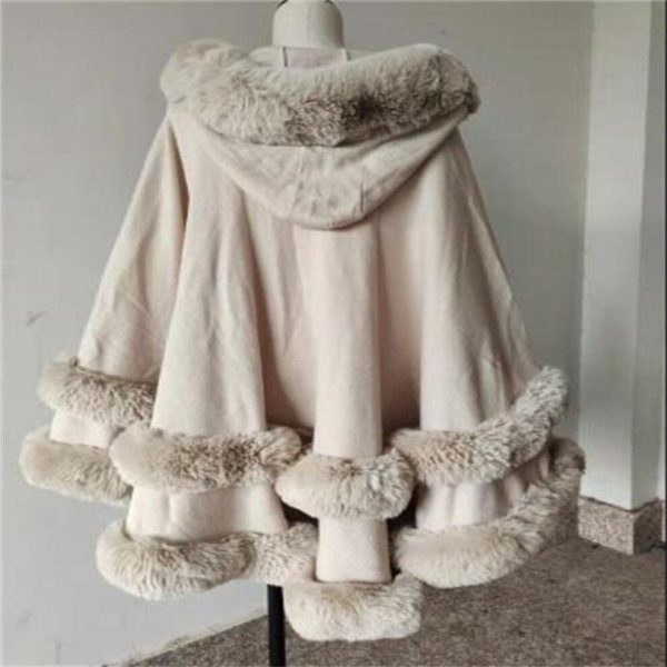 (beige, One Size) 6 Colors Women Faux Fox Fur Cape Big Pendulum Cardigan Winter Shawl Warm Thick Coat Two Circle Fur Loose Poncho Cloak With Hat