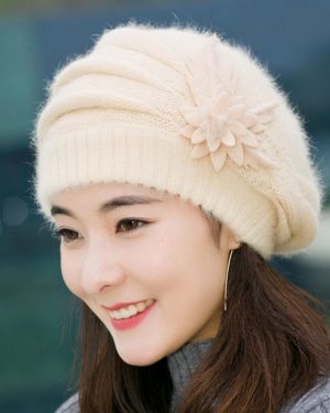 (beige, One Size) (Projector)Fashion Womens Flower Knit Crochet Hat Winter Warm Cap Beret