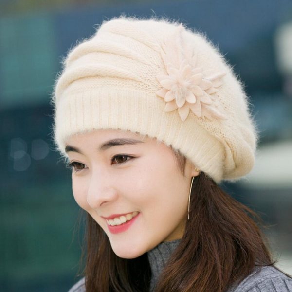 (beige, One Size) (Projector)Fashion Womens Flower Knit Crochet Hat Winter Warm Cap Beret