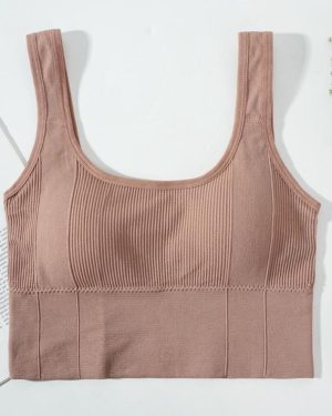 (beige, One Size) Seamless Crop Tank Top Women Solid Lingerie Wire-Free Bralette U-Shaped Camisole Wide Straps Striped Underwear New Sports Bra