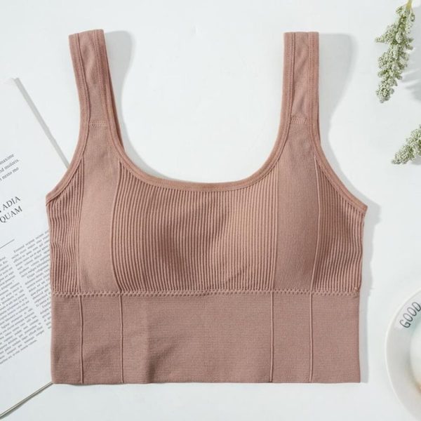 (beige, One Size) Seamless Crop Tank Top Women Solid Lingerie Wire-Free Bralette U-Shaped Camisole Wide Straps Striped Underwear New Sports Bra