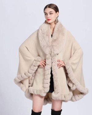 (beige, One size) Elegant V Lapel Faux Rex Rabbit Fur Coat Cape Winter Women Big Long Shawl Full Trim Fur Knit Cloak Overcoat large size Parka