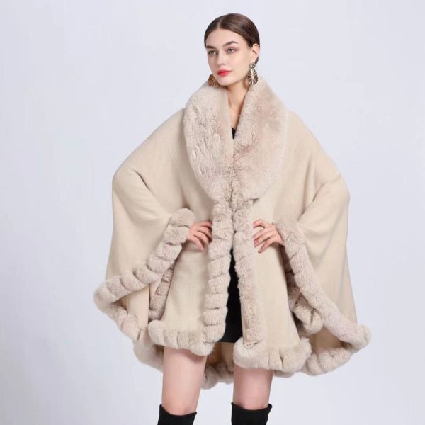 (beige, One size) Elegant V Lapel Faux Rex Rabbit Fur Coat Cape Winter Women Big Long Shawl Full Trim Fur Knit Cloak Overcoat large size Parka