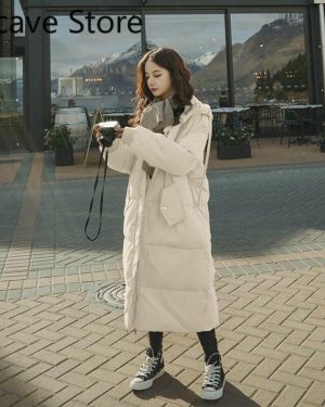 (beige, S) Hooded Padded Coats Females Korean Fashion Clothing Long Parkas Zipper Outwear Down Jackets Oversize Winter 2021 Puffer Jacket