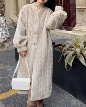 (beige, S) Long Warm Soft Faux Rabbit Fur Jacket Women Fashion High Grade Winter Casual Plush Coat Female Thickened Luxury Outerwears New