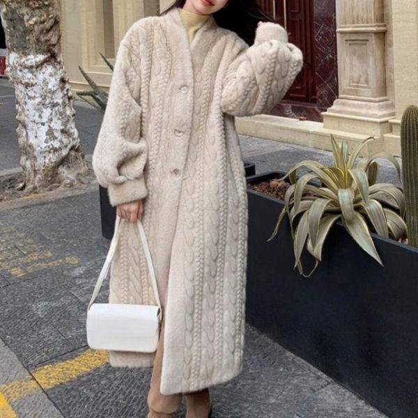 (beige, S) Long Warm Soft Faux Rabbit Fur Jacket Women Fashion High Grade Winter Casual Plush Coat Female Thickened Luxury Outerwears New