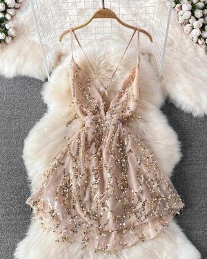 (beige, S) RUGOD Deep V Sequins Senior Evening Dress Sexy High Waist Slim Sleeveless Backless A-line Dress Summer