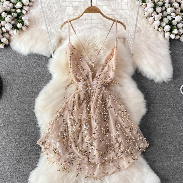 (beige, S) RUGOD Deep V Sequins Senior Evening Dress Sexy High Waist Slim Sleeveless Backless A-line Dress Summer
