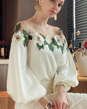 (beige, XXL) Spring Autumn Mesh Patchwork Satin Blouse Elegant Embroidered Shirt O-neck Tops Long Lantern Sleeve Womens Clothes 24976