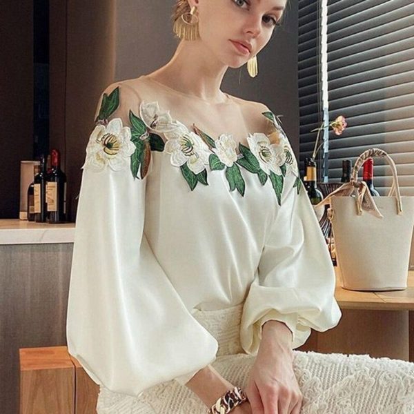 (beige, XXL) Spring Autumn Mesh Patchwork Satin Blouse Elegant Embroidered Shirt O-neck Tops Long Lantern Sleeve Womens Clothes 24976