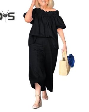 (black, 2XL) 2 Pcs/Set Women Top Pants Suit Ruffle Shoulder Short Sleeves Pleated Blouse Wide Leg Loose Solid Color Cropped Trousers Vacation Casual O