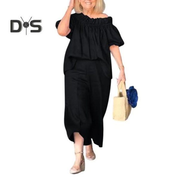 (black, 2XL) 2 Pcs/Set Women Top Pants Suit Ruffle Shoulder Short Sleeves Pleated Blouse Wide Leg Loose Solid Color Cropped Trousers Vacation Casual O
