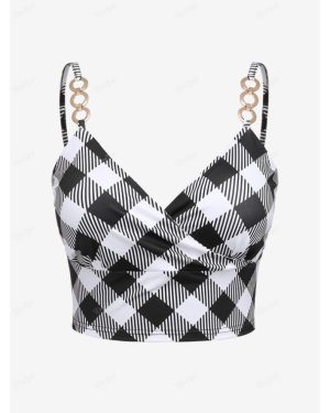 (black, 3XL) Rosegal Plus Size Plaid Backless Chains Surplice Crop Top (Adjustable Strap)