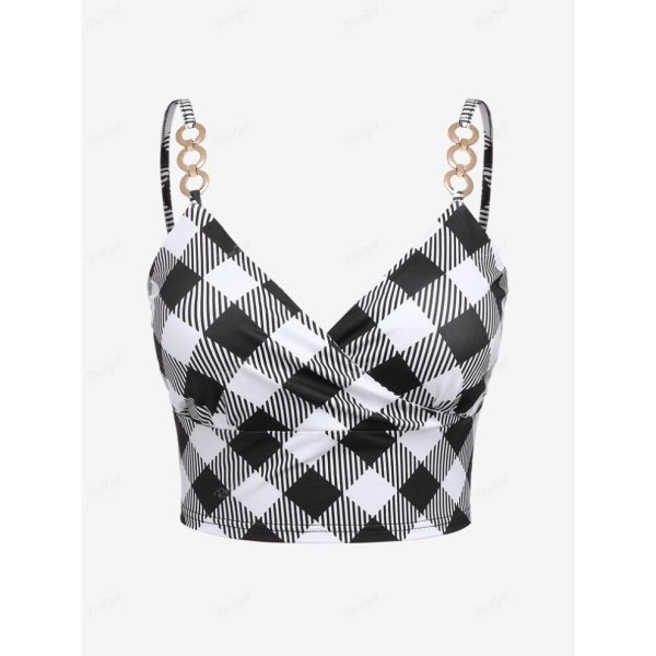 (black, 3XL) Rosegal Plus Size Plaid Backless Chains Surplice Crop Top (Adjustable Strap)