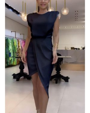 (black, Extra Large) "European & American Asymmetric Sleeveless Commuter Dress with Hip Skirt"