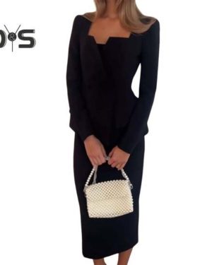 (black, L) 2 Pcs/Set Women Coat Skirt Suit Square Neck Double-breasted Solid Color Long Sleeve Top Slim Fit Skirt Prom Business Office Outfit
