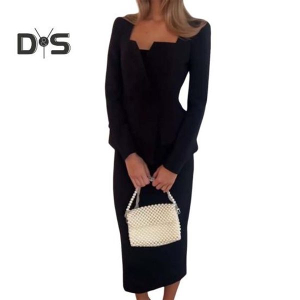 (black, L) 2 Pcs/Set Women Coat Skirt Suit Square Neck Double-breasted Solid Color Long Sleeve Top Slim Fit Skirt Prom Business Office Outfit