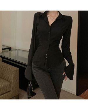 (black, L) Black Bell Sleeve Top Vintage Blouses Corset White Shirt Women Long Sleeve Gothic Lolita Flared Korean Style Sexy Blouse