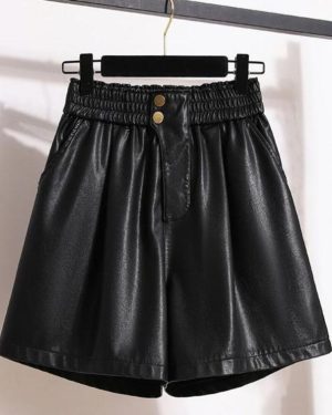(black, L) DIMANAF Plus Size 2024 Autumn Winter New PU Leather High Waist Casual Shorts Women Loose Wide Leg Pants Short Pants