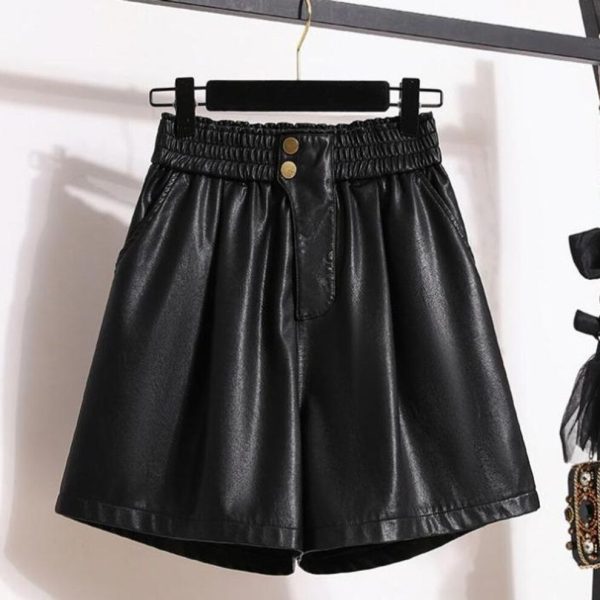 (black, L) DIMANAF Plus Size 2024 Autumn Winter New PU Leather High Waist Casual Shorts Women Loose Wide Leg Pants Short Pants