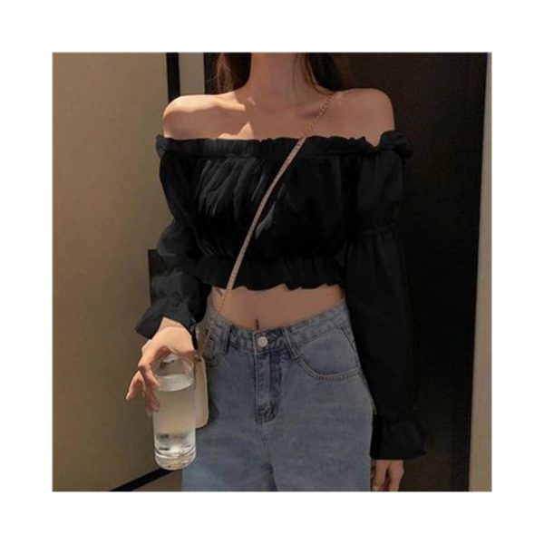 (black, L) Women Top Sexy Blouse Off Shoulder Top Long Sleeve Solid Color White Shirt Puff Sleeve Ruffle Tunic Crop Top Summer Tube Top