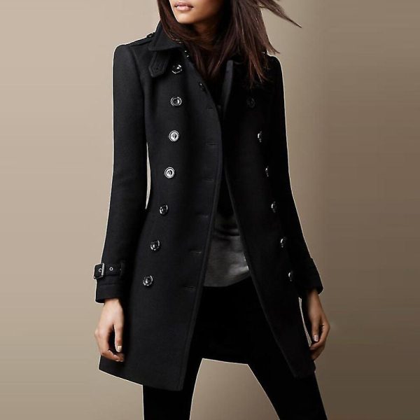 (black, L) Women's Military Style Stand Collar Woolen Coat Double Breasted Woolen Blends Coat