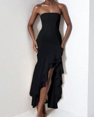 (black, L) Women's clothing 2025 spring new fashion sexy off-the-shoulder tube top irregular temperament dress