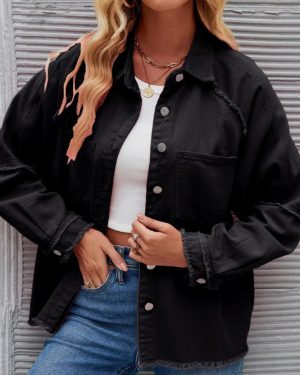 (black, L) YYFS Women's Fashion Denim Casual Autumn Winter Solid Color Print Long Sleeve POLO Neck Blouses & Shirts Top Jacket