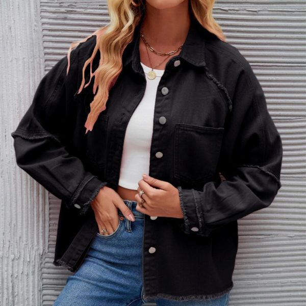(black, L) YYFS Women's Fashion Denim Casual Autumn Winter Solid Color Print Long Sleeve POLO Neck Blouses & Shirts Top Jacket