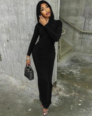 (black, M) Hooded Long Sleeve Bodycon Maxi Dress Fashion Tight Casual T-shirt Dress Autumn Winter Long Dress Black Grey