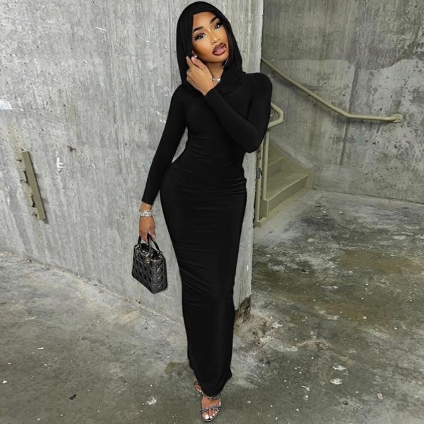 (black, M) Hooded Long Sleeve Bodycon Maxi Dress Fashion Tight Casual T-shirt Dress Autumn Winter Long Dress Black Grey