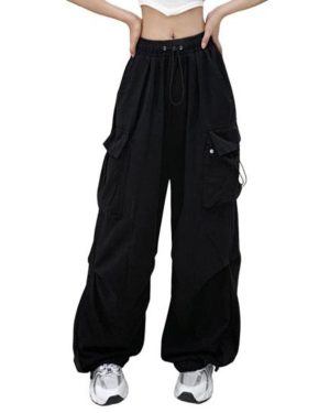 (black, M) Stylish Cargo Pants Multi Pockets Keep Full Length Wide Leg Cargo Pants Women