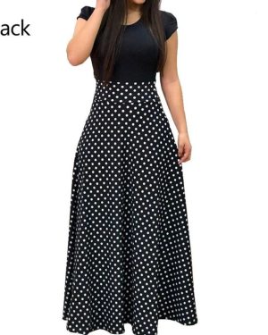 (black, M) Women Maxi Party Floral Dress Skirt Vintage Long Clothes Beach crew neck Short Sleeve S-3XL