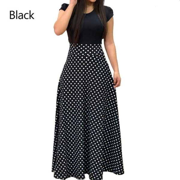 (black, M) Women Maxi Party Floral Dress Skirt Vintage Long Clothes Beach crew neck Short Sleeve S-3XL