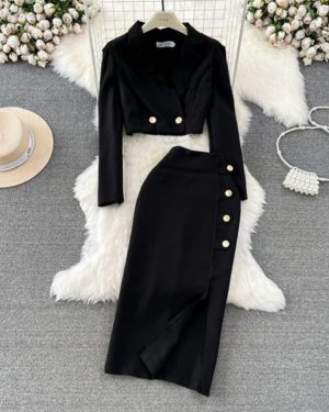 (black, M) Women New Fashion Spring Autumn Elegant Short Blazer Jacket Coat + Long Midi Split Pencil Skirt Two Piece Set