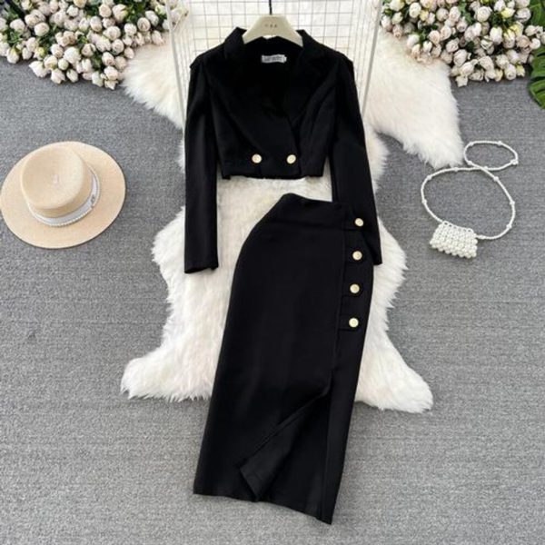 (black, M) Women New Fashion Spring Autumn Elegant Short Blazer Jacket Coat + Long Midi Split Pencil Skirt Two Piece Set