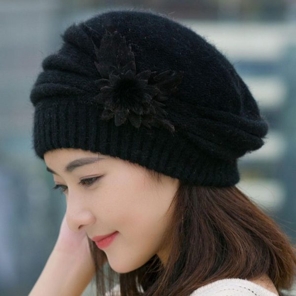 (black, One Size) (Projector)Fashion Womens Flower Knit Crochet Hat Winter Warm Cap Beret