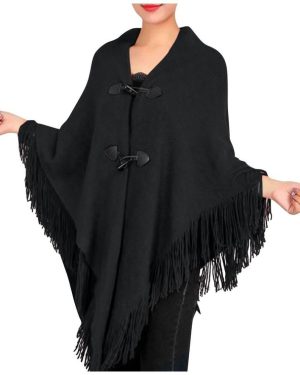 (black, One Size) Women's Fashion Autumn/winter Thick Tassel Cape Horn Buckle Solid Color Cape Coat