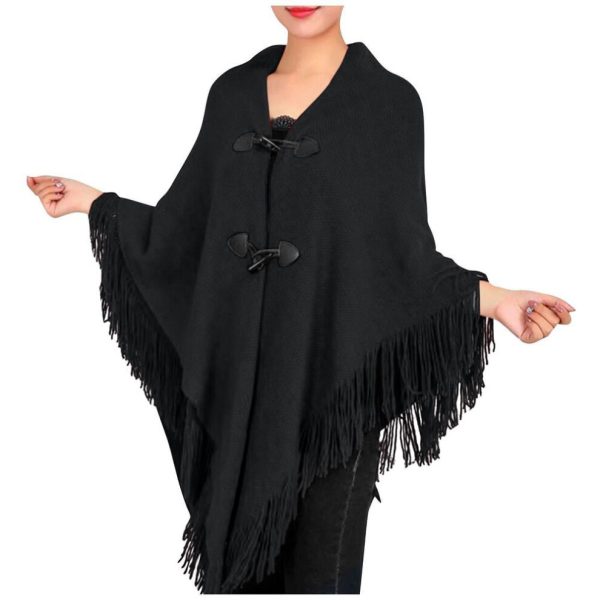 (black, One Size) Women's Fashion Autumn/winter Thick Tassel Cape Horn Buckle Solid Color Cape Coat
