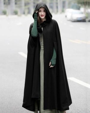 (black, S) Autumn Winter Gothic Trendy Maxi Hooded Wool Cloak Cardigan Coat Maxi Cashmere Hoodie Long Cape Costume Cosplay Outerwear