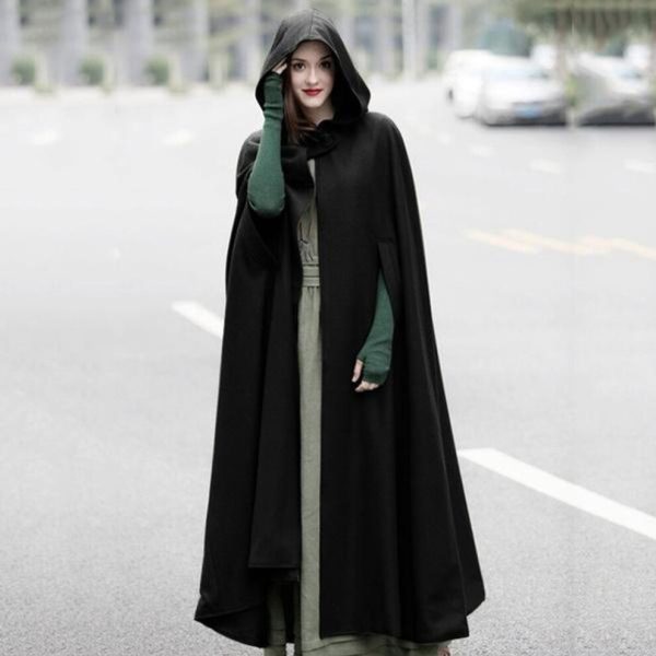 (black, S) Autumn Winter Gothic Trendy Maxi Hooded Wool Cloak Cardigan Coat Maxi Cashmere Hoodie Long Cape Costume Cosplay Outerwear