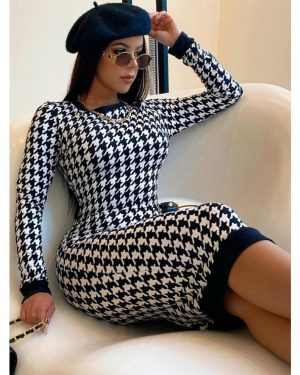 (black, S) Houndstooth Print Women Long Sleeve Midi Dress Hollow Out Bodycon Sexy Streetwear 2022 Autumn Winter Club Elegant Slim