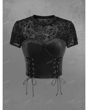 (black, S) Rosegal Gothic Vintage Floral Pentagram Mesh Flocking PU Panel Lace Up Cropped Patchwork Top