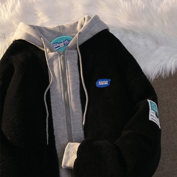 (black, S) Winter Lamb Wool Hooded Sweatshirt Women Casual Thick Warm Loose Padded Jackets Coat Hip-hop Retro Zip Up Patchwork Hoodies